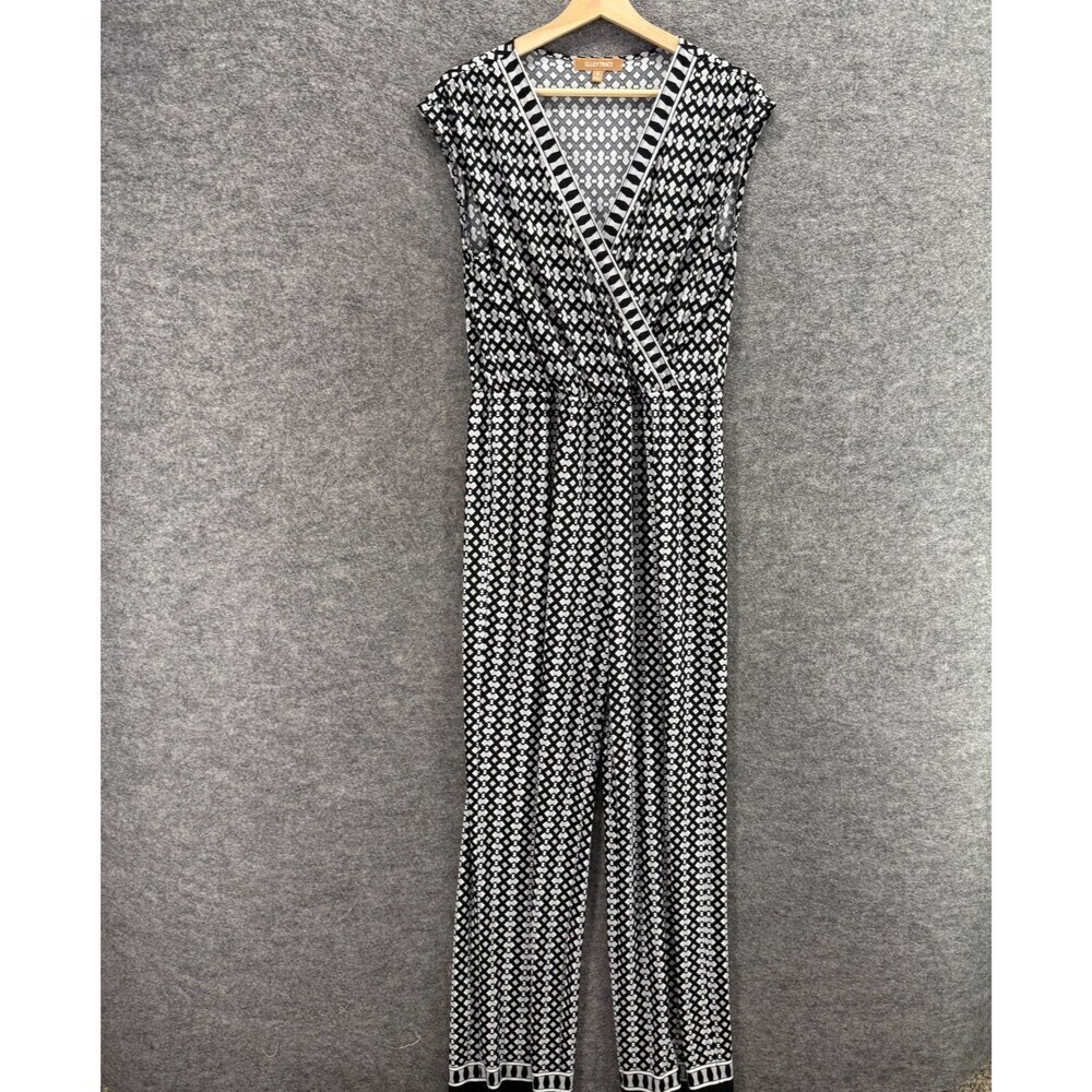 Ellen Tracy Jumpsuit Women M Medium Black Geometric V-Neck Sleeveless Straight